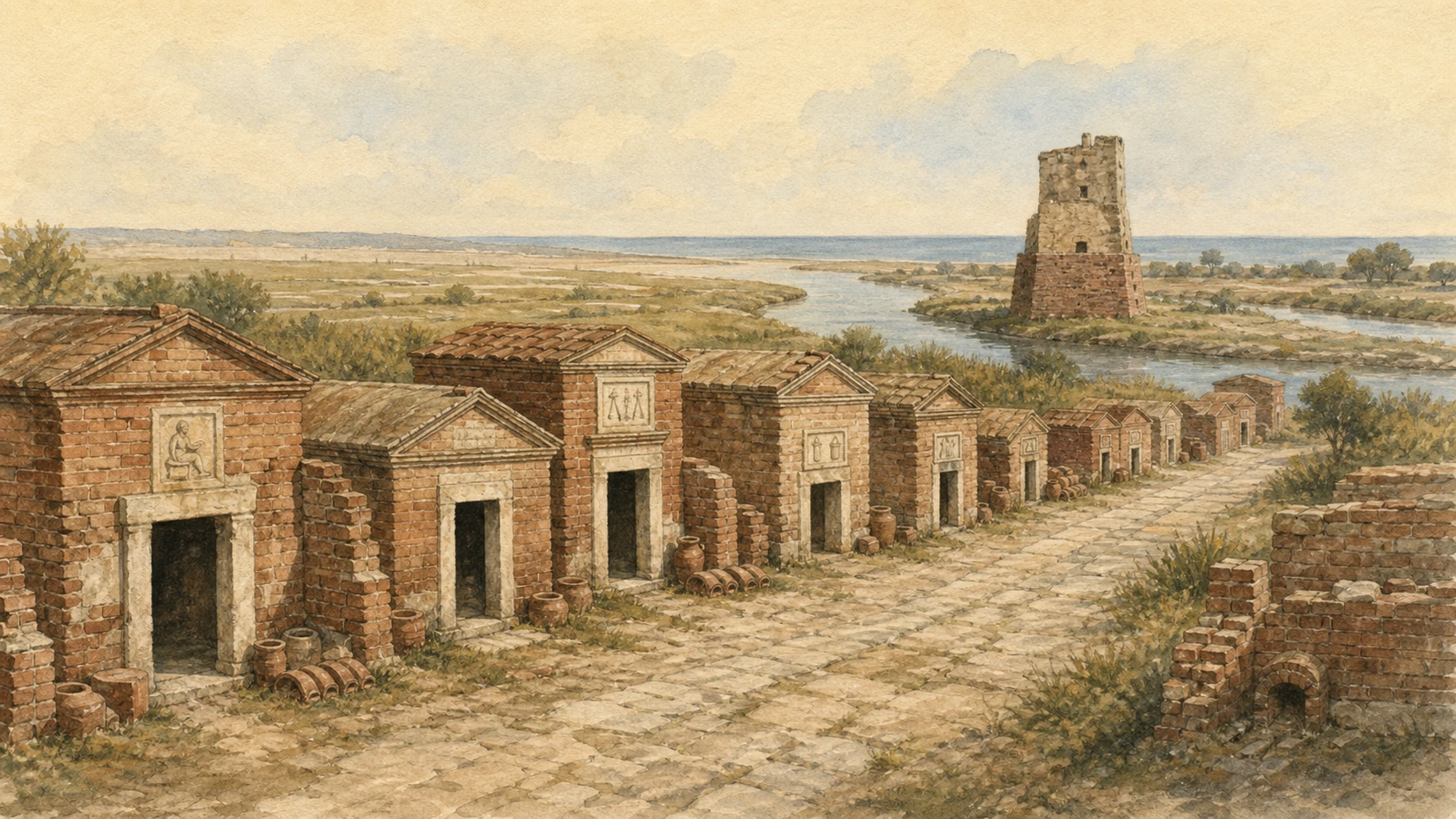 Original documentary watercolour of Isola Sacra's brick tomb road and Tor Boacciana beside the former Tiber mouth