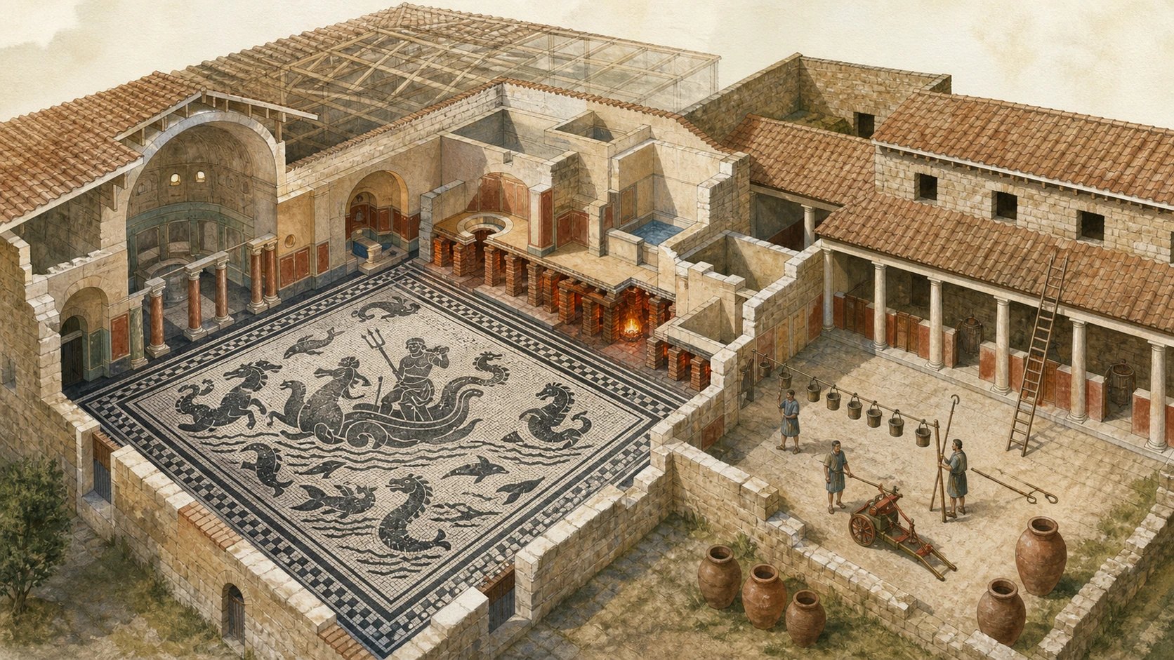 Original documentary watercolour cutaway of the Baths of Neptune mosaics and the adjacent barracks of the vigiles