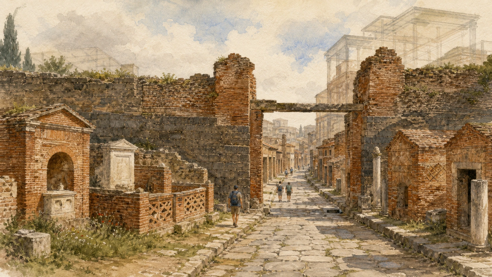 Original documentary watercolour of Porta Romana, roadside tombs and the Decumanus leading into ancient Ostia