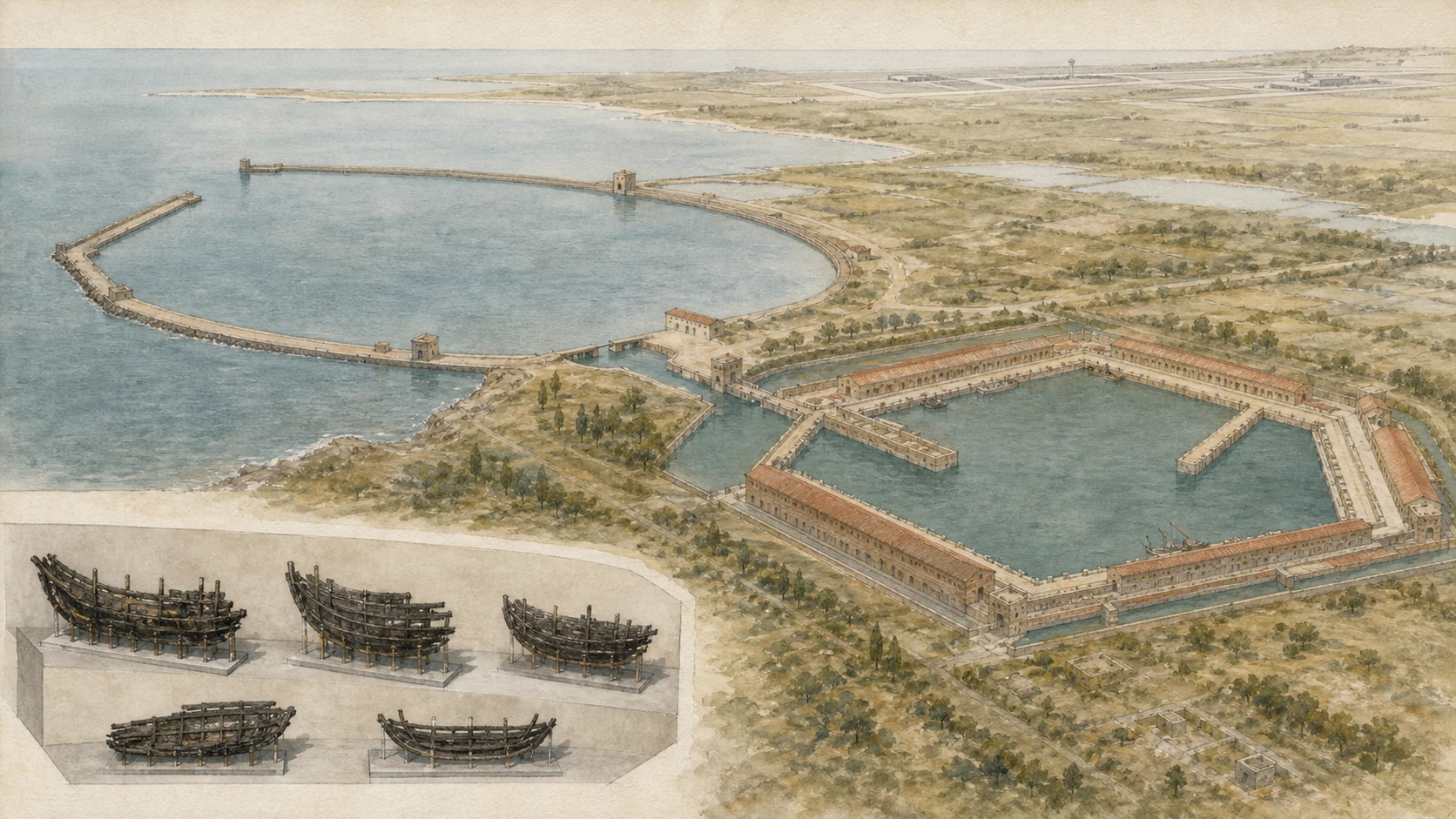 Original documentary watercolour aerial cutaway of Portus with Trajan's hexagonal basin, warehouses and preserved Roman river boats