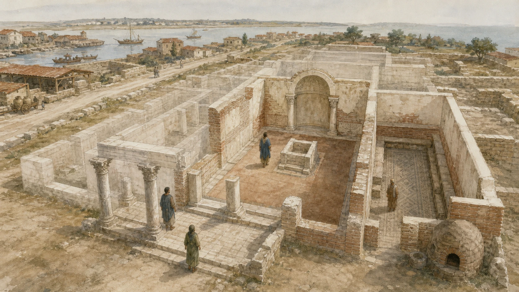Original documentary watercolour reconstruction of Ostia's synagogue within a diverse port-city religious landscape