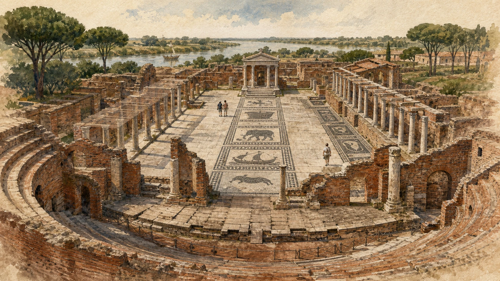Original documentary watercolour joining Ostia's theatre with the mosaic stationes of the Square of the Guilds