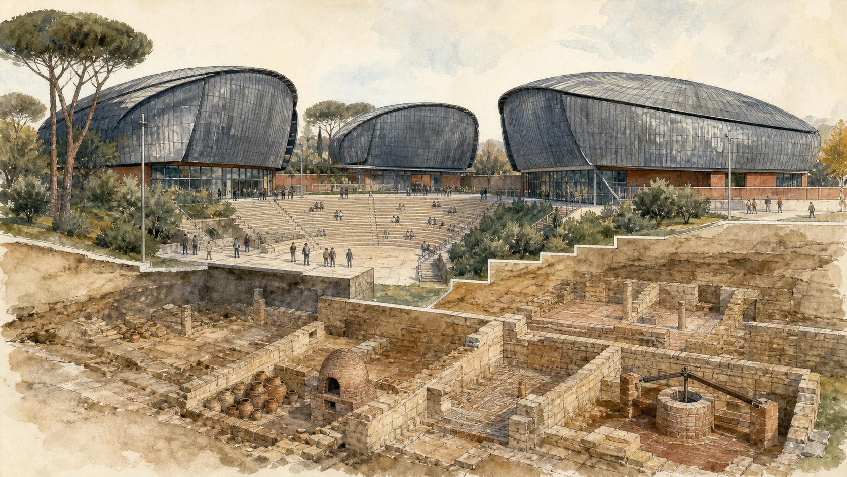 Original documentary watercolour of the Auditorium halls and cavea above the excavated archaic farm and Roman villa