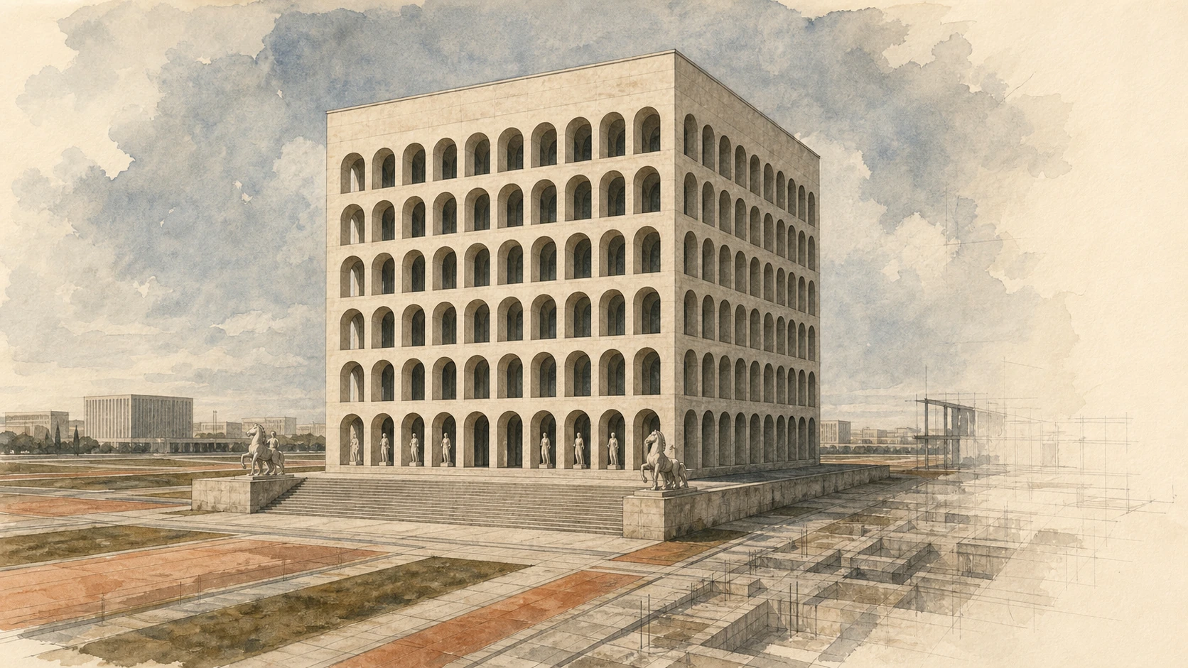 Original documentary watercolour of Palazzo della Civiltà Italiana and the unfinished E42 axial plan with critical context