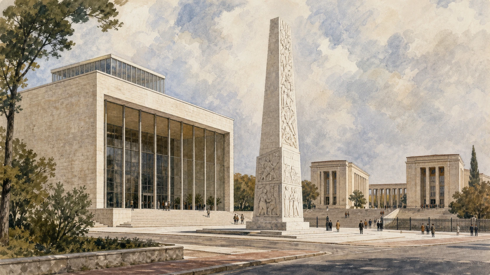 Original documentary watercolour of Palazzo dei Congressi, Marconi stele and EUR museum axis