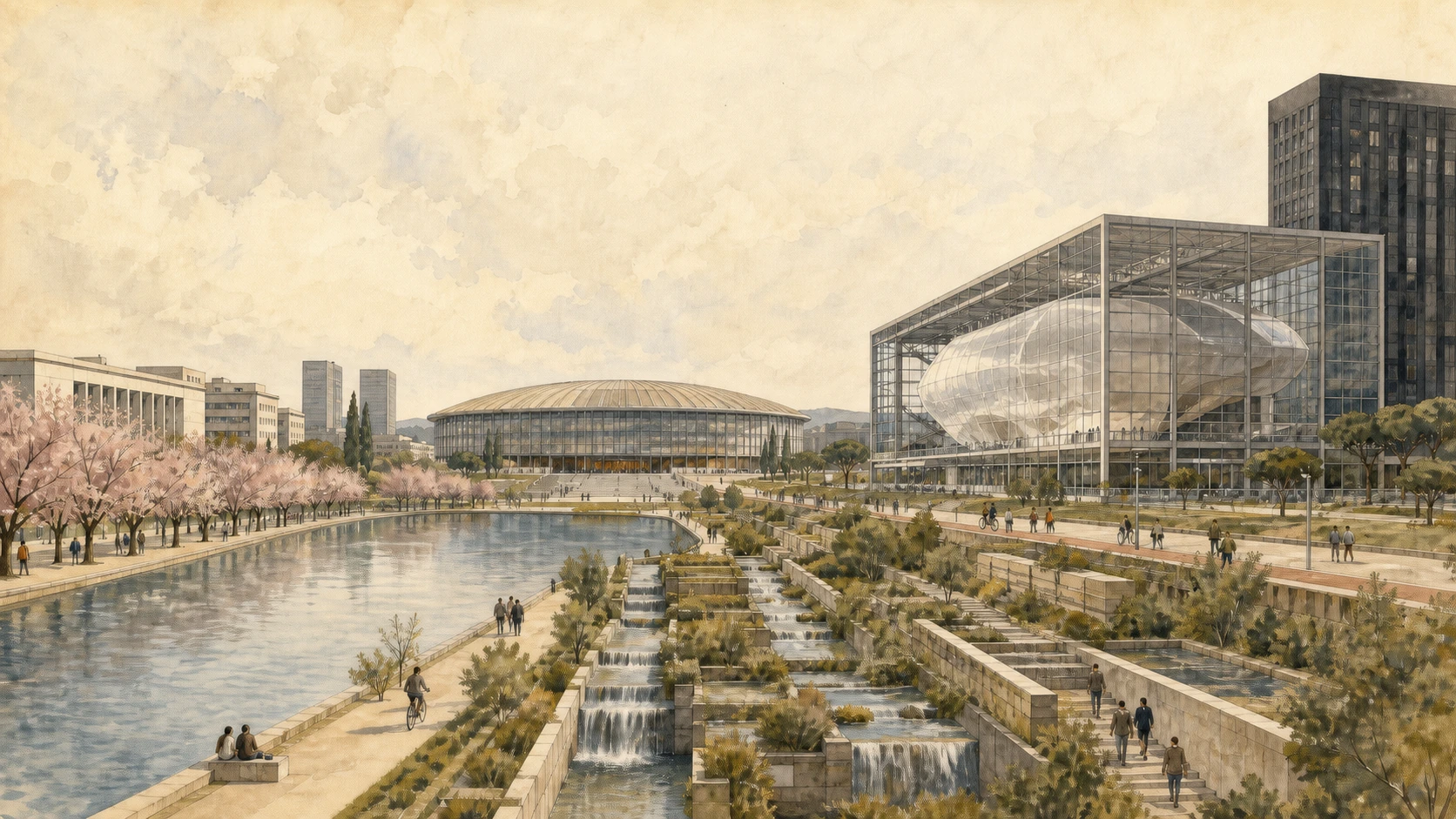Original documentary watercolour of EUR Lake, Nervi's Palazzo dello Sport and the Nuvola convention centre