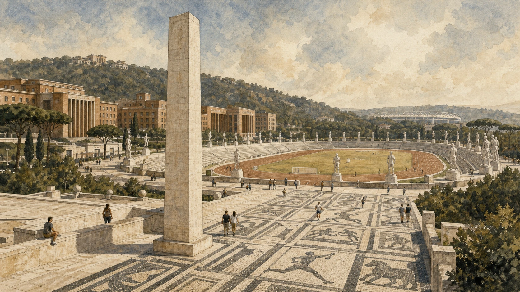 Original documentary watercolour of the Foro Italico obelisk, mosaic avenue and Stadio dei Marmi with explicit historical context