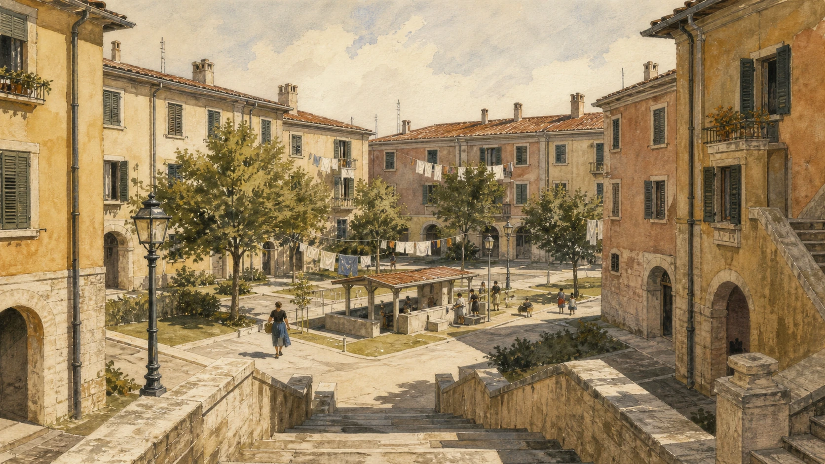Original documentary watercolour of Piazza Brin stairs and inhabited Garbatella housing lots around shared gardens