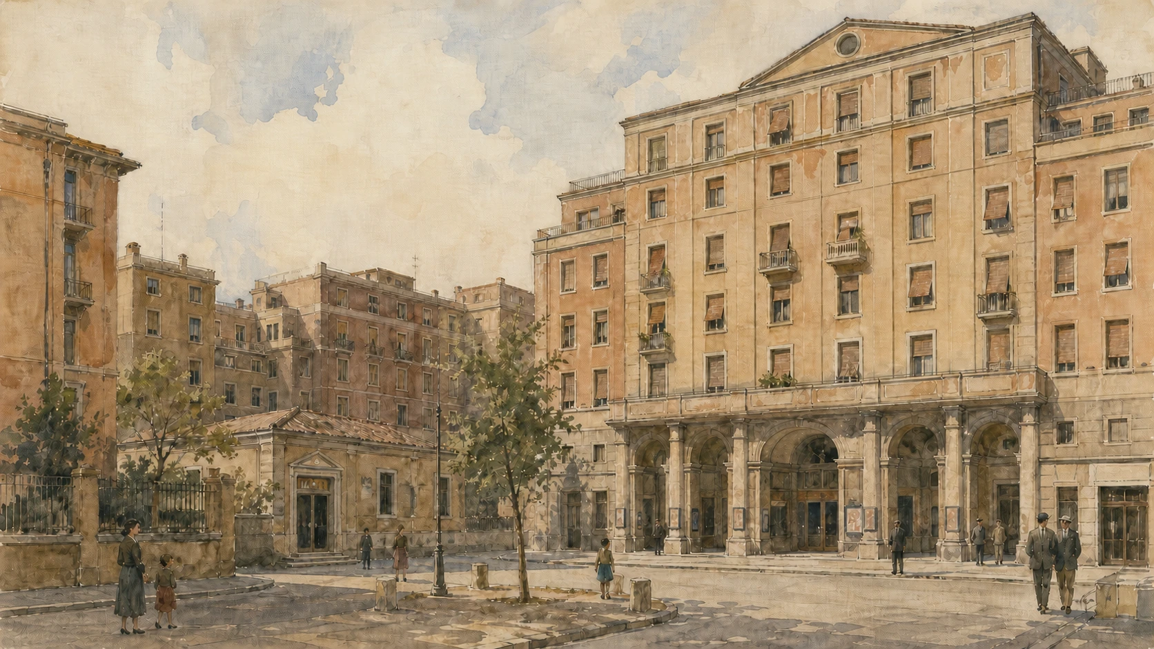 Original documentary watercolour of Garbatella's Alberghi Suburbani and the Palladium theatre-apartment block