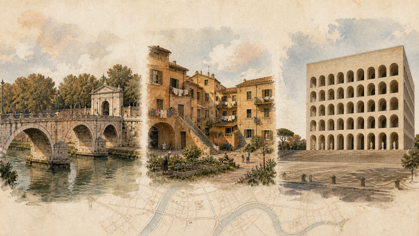 Documentary watercolour of Flaminio, Garbatella and EUR