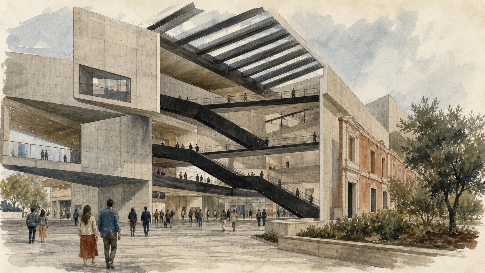 Original documentary watercolour cutaway of MAXXI's concrete galleries, black stairs and public plaza
