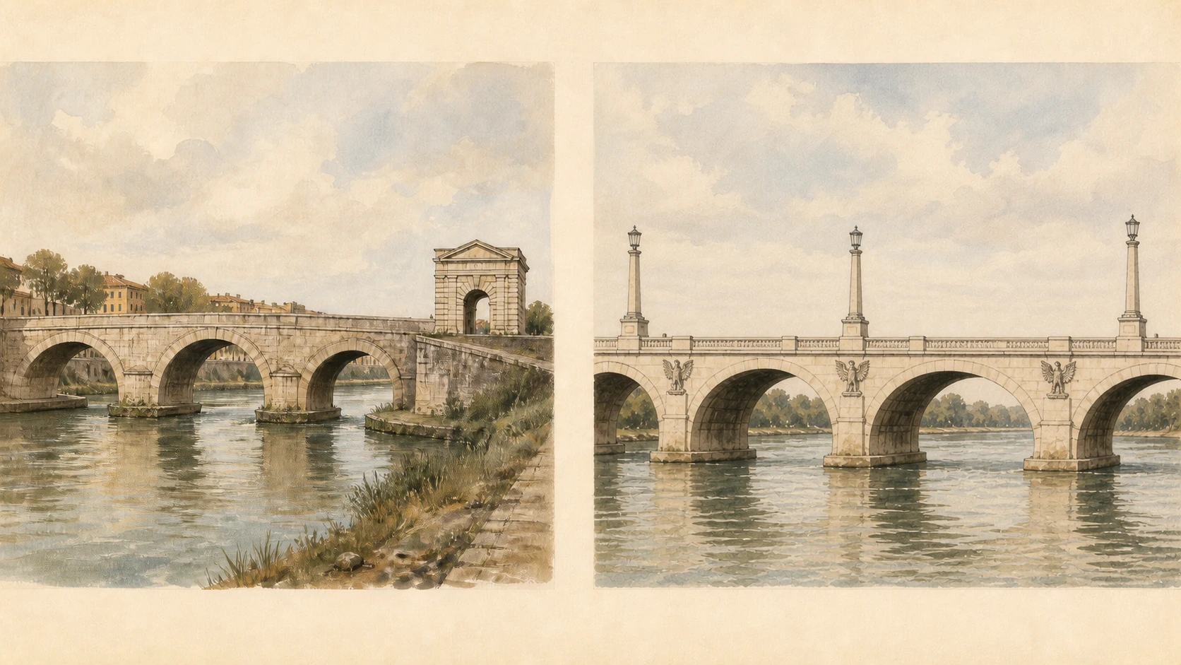Original documentary watercolour comparing Ponte Milvio and the monumental twentieth-century Ponte Flaminio