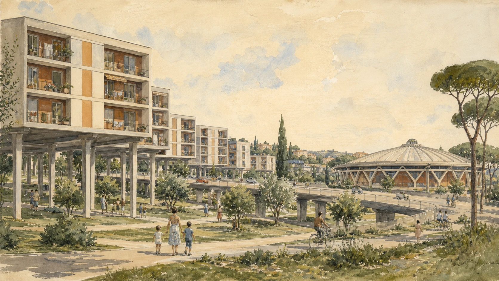 Original documentary watercolour of Villaggio Olimpico housing and the ribbed Palazzetto dello Sport