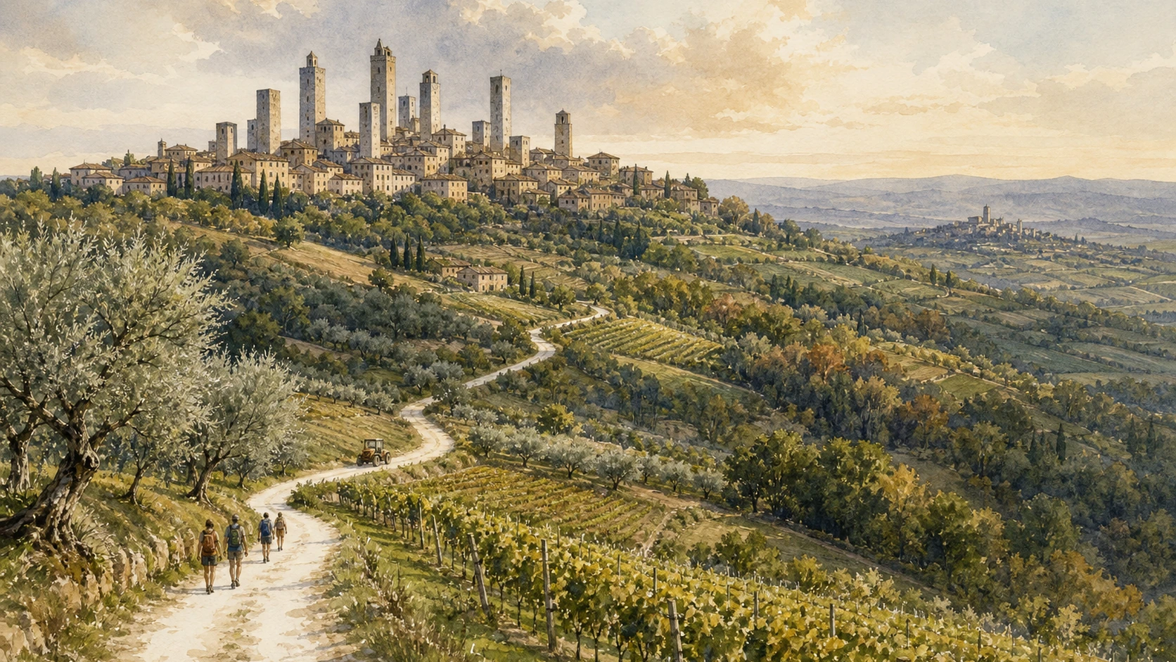Original documentary watercolour of San Gimignano towers above vineyards, olives and the wooded hills toward Chianti