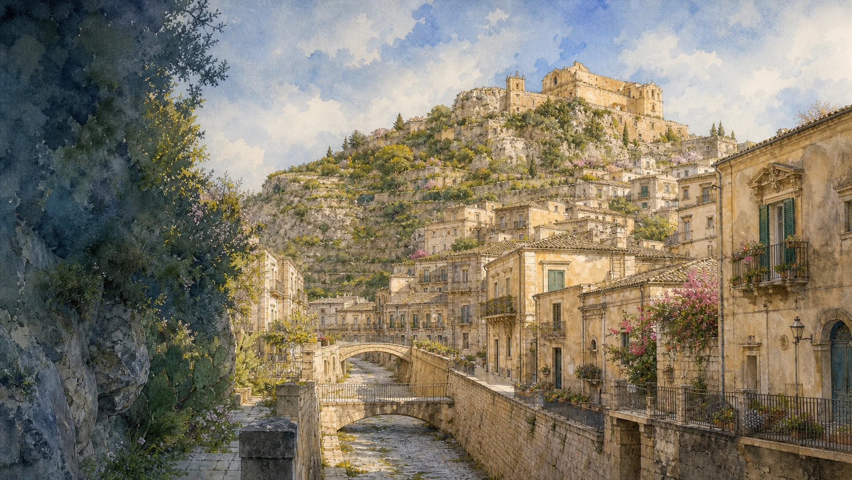 Documentary watercolour view of Scicli among limestone ravines with the urban channel, honey-coloured houses, the San Matteo ridge, church fronts and spring vegetation