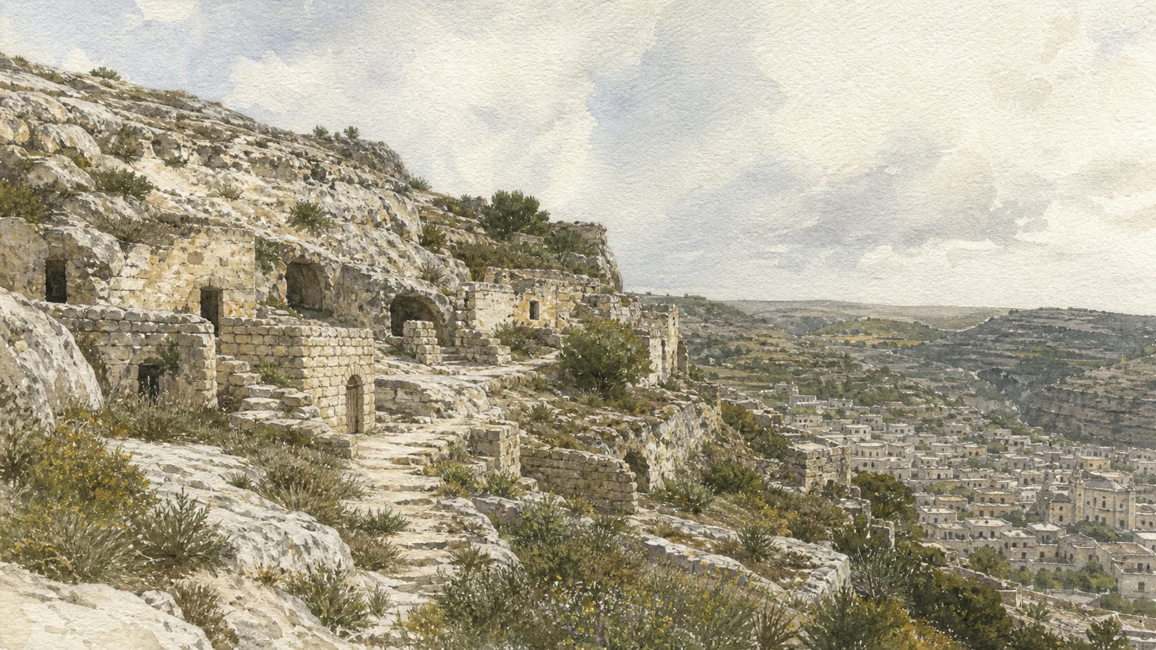 Documentary watercolour of Chiafura on San Matteo hill with rock-cut dwellings, ruined masonry fronts and Scicli in the valley below
