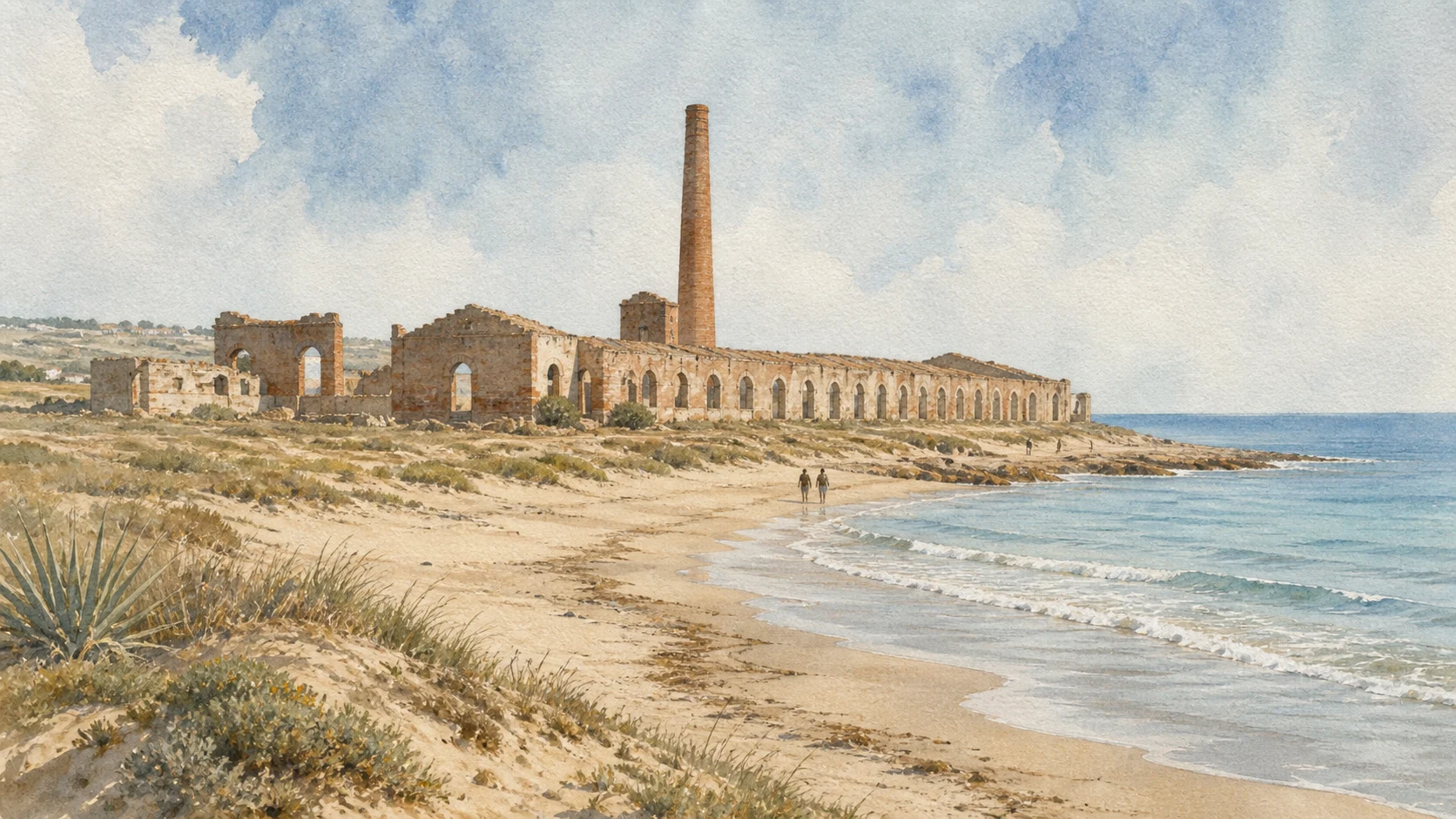 Documentary watercolour of the roofless Fornace Penna brick complex and chimney beside the beach and sea at Sampieri