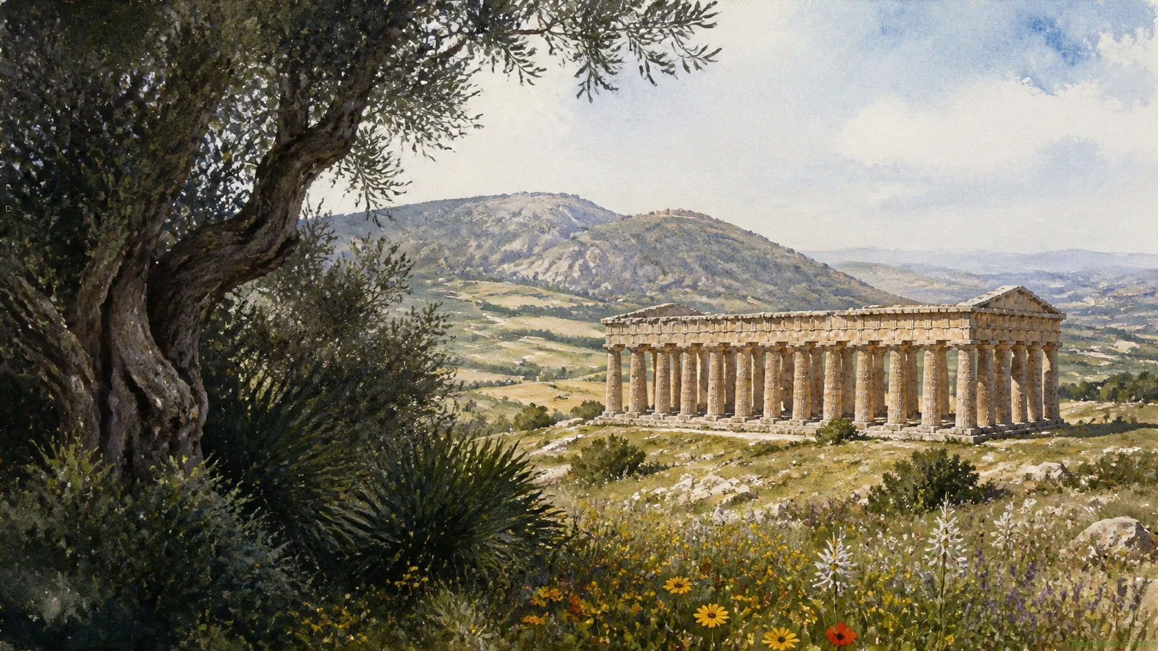 Documentary watercolour of Segesta's Doric temple, the green slopes of Monte Barbaro and the western Sicilian landscape