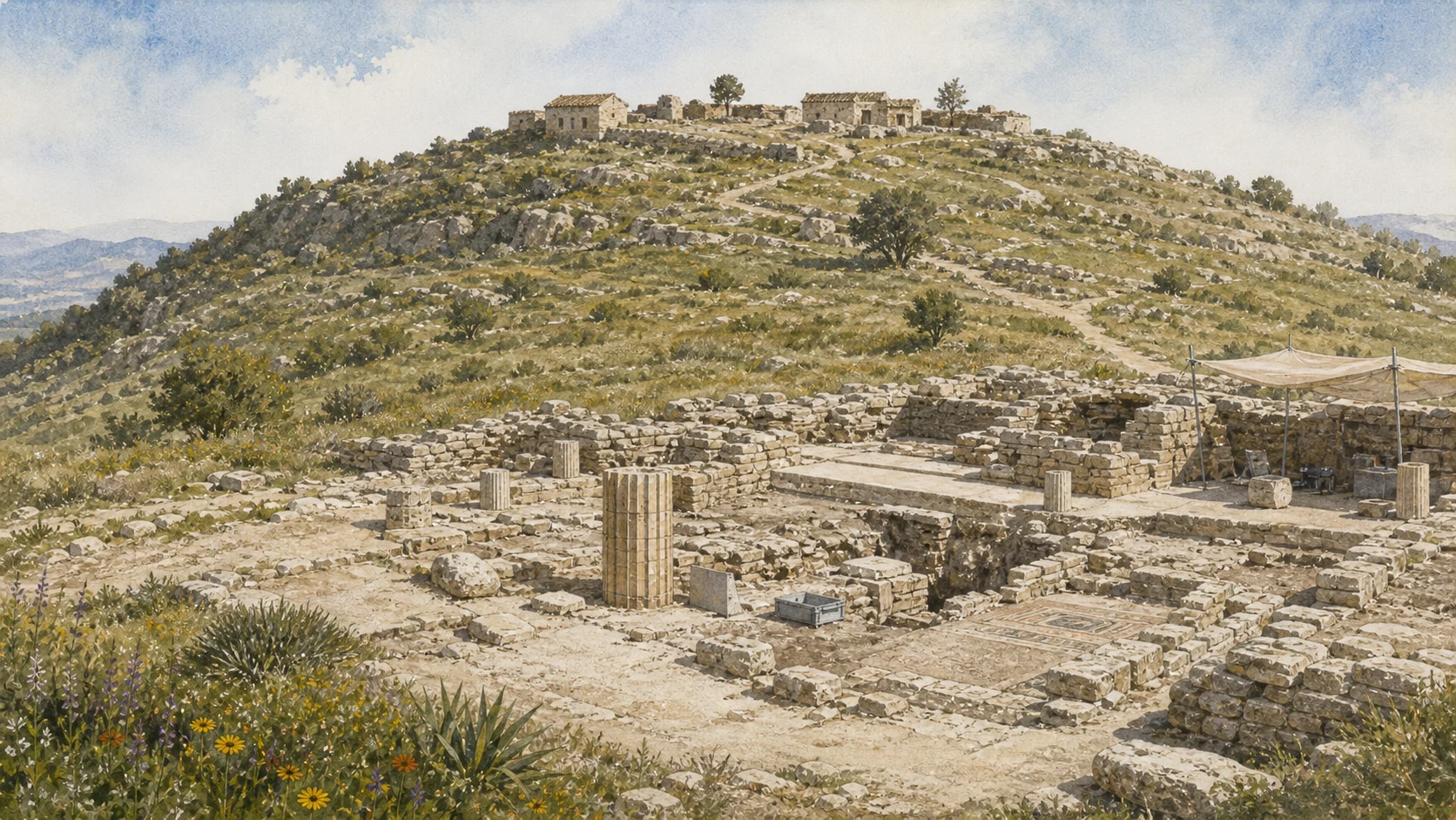 Documentary watercolour of the House of the Navarch excavation with low limestone rooms, protected geometric mosaic and sparse later remains on Segesta's summit