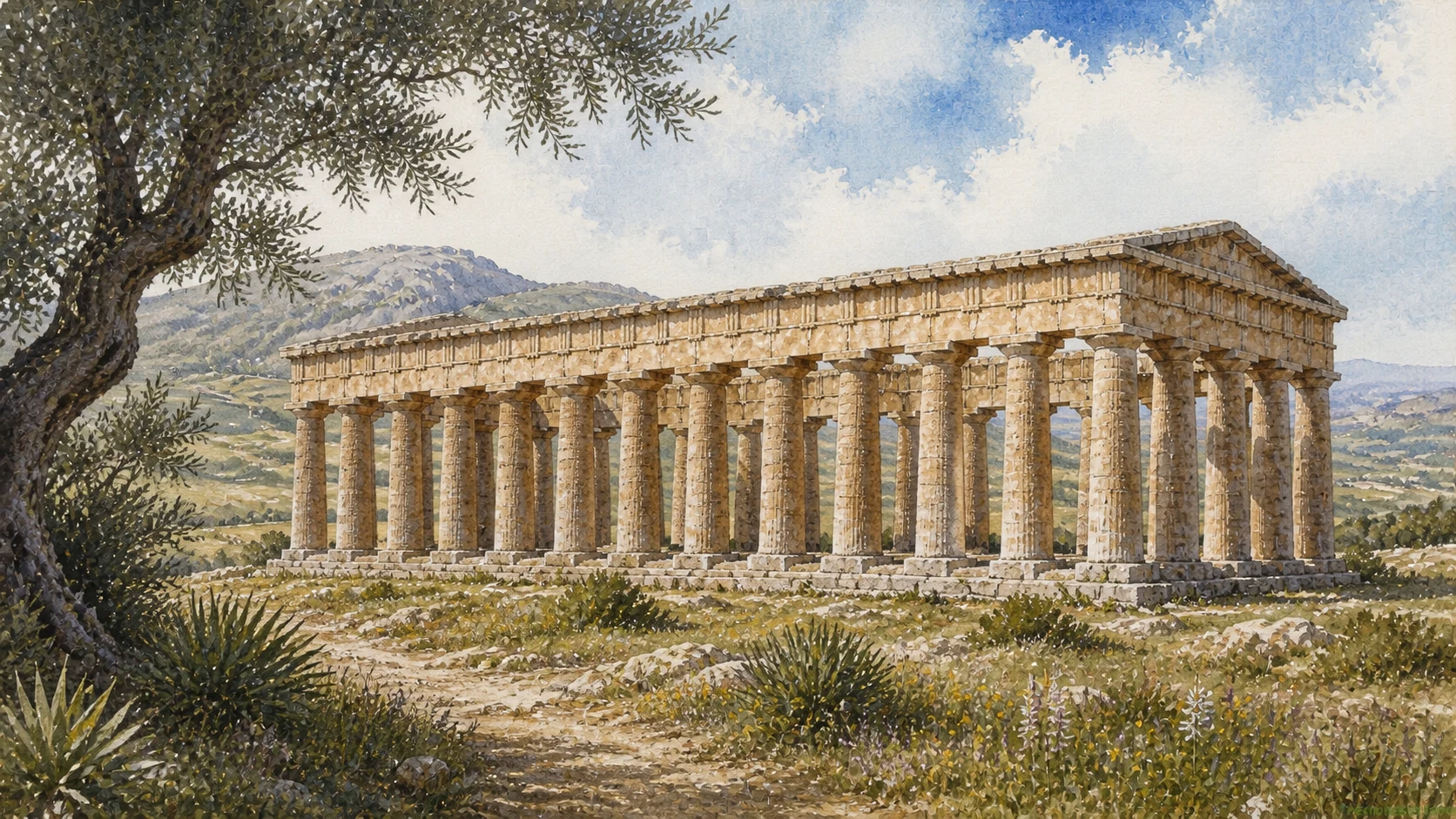 Documentary watercolour of Segesta's unfinished Doric temple seen obliquely with unfluted columns, complete external entablature, open interior and mountain landscape