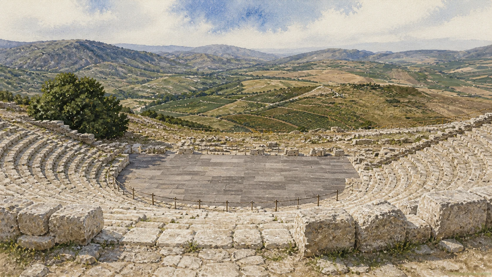 Documentary watercolour from the upper cavea of Segesta's theatre across the stone seating and modern stage floor toward the broad western Sicilian valley