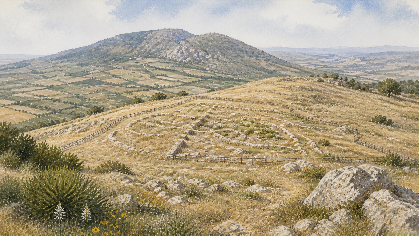 Documentary watercolour of Segesta's sparse archaeological terraces and fenced low foundations on dry Monte Barbaro above the cultivated western Sicilian valleys