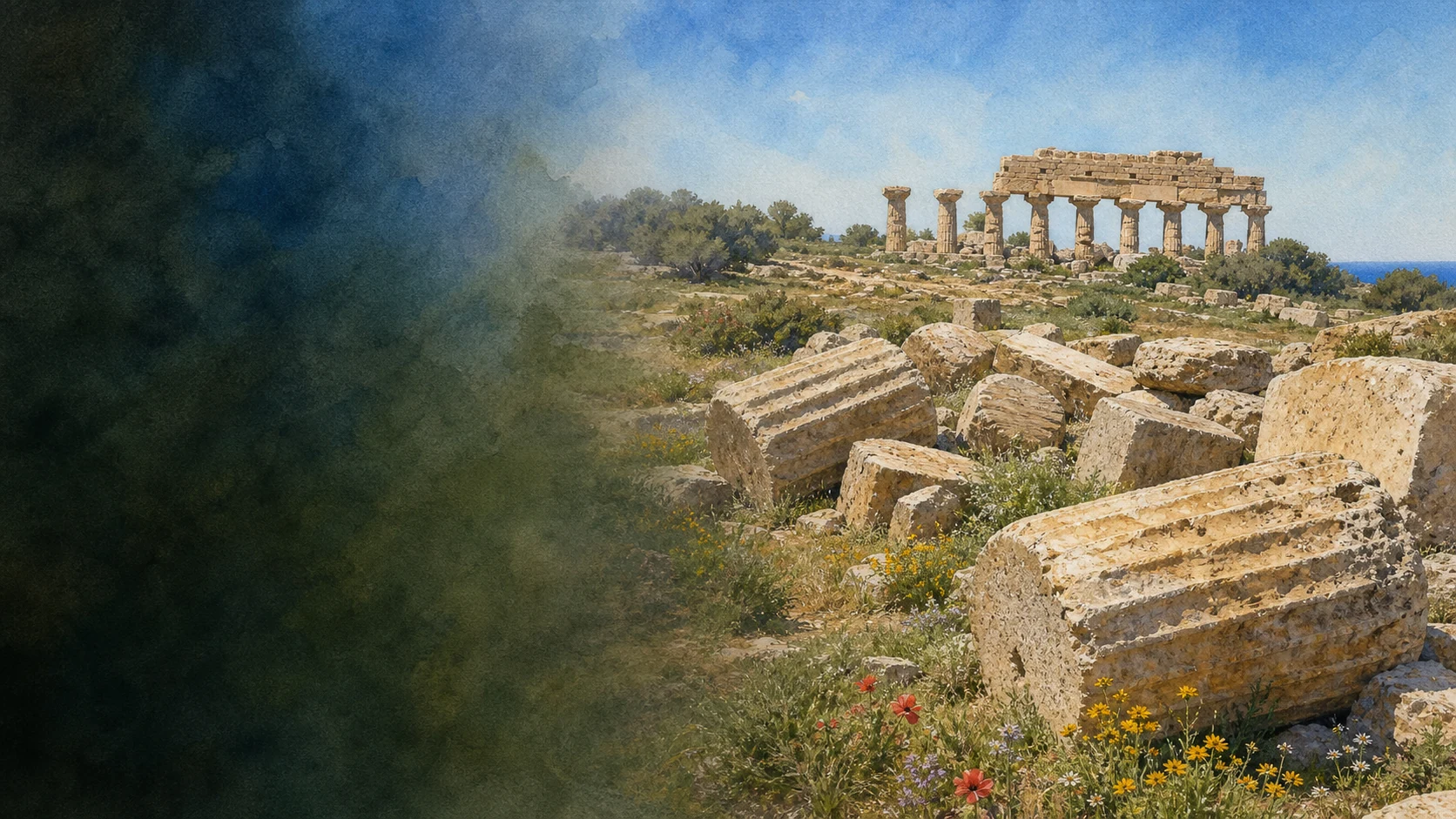 Documentary watercolour of the fallen giant columns of Temple G, the standing Temple E and the spring landscape of Selinunte