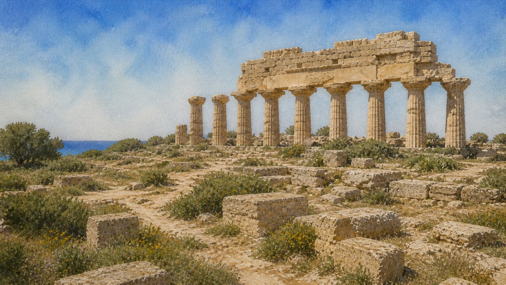 Documentary watercolour of Selinunte's acropolis with the weathered standing columns of Temple C above low foundations, paths, olives and a narrow Mediterranean horizon