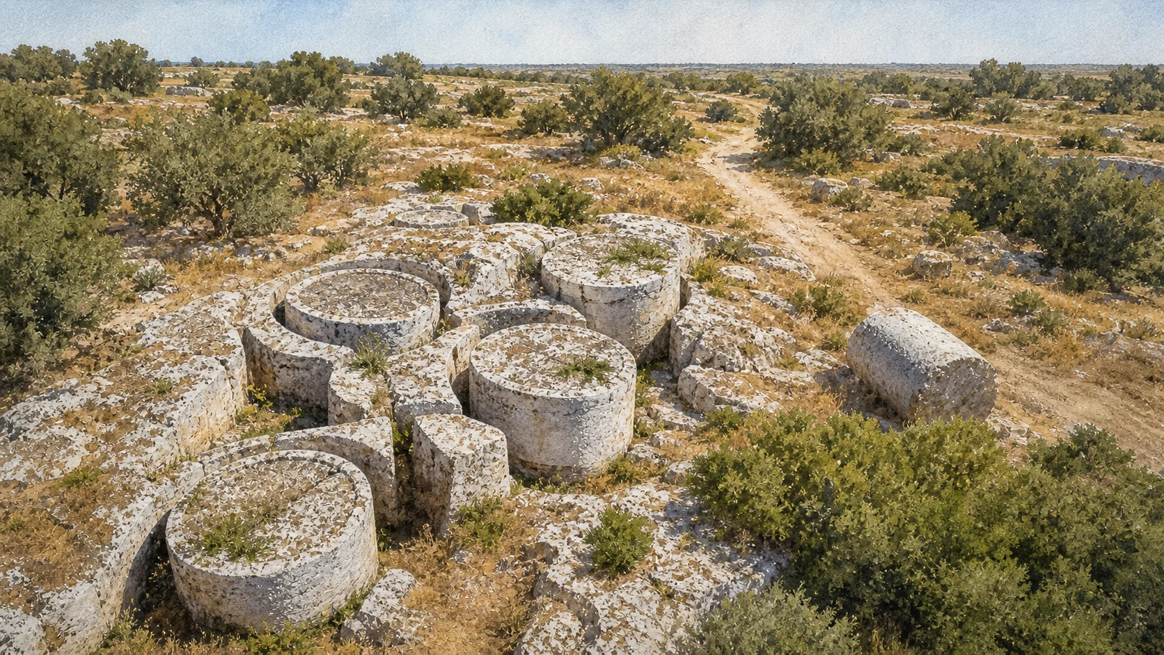 Documentary watercolour of Cave di Cusa with circular quarry trenches, unfinished stone column drums partly attached to bedrock, low trees and dry western Sicilian ground