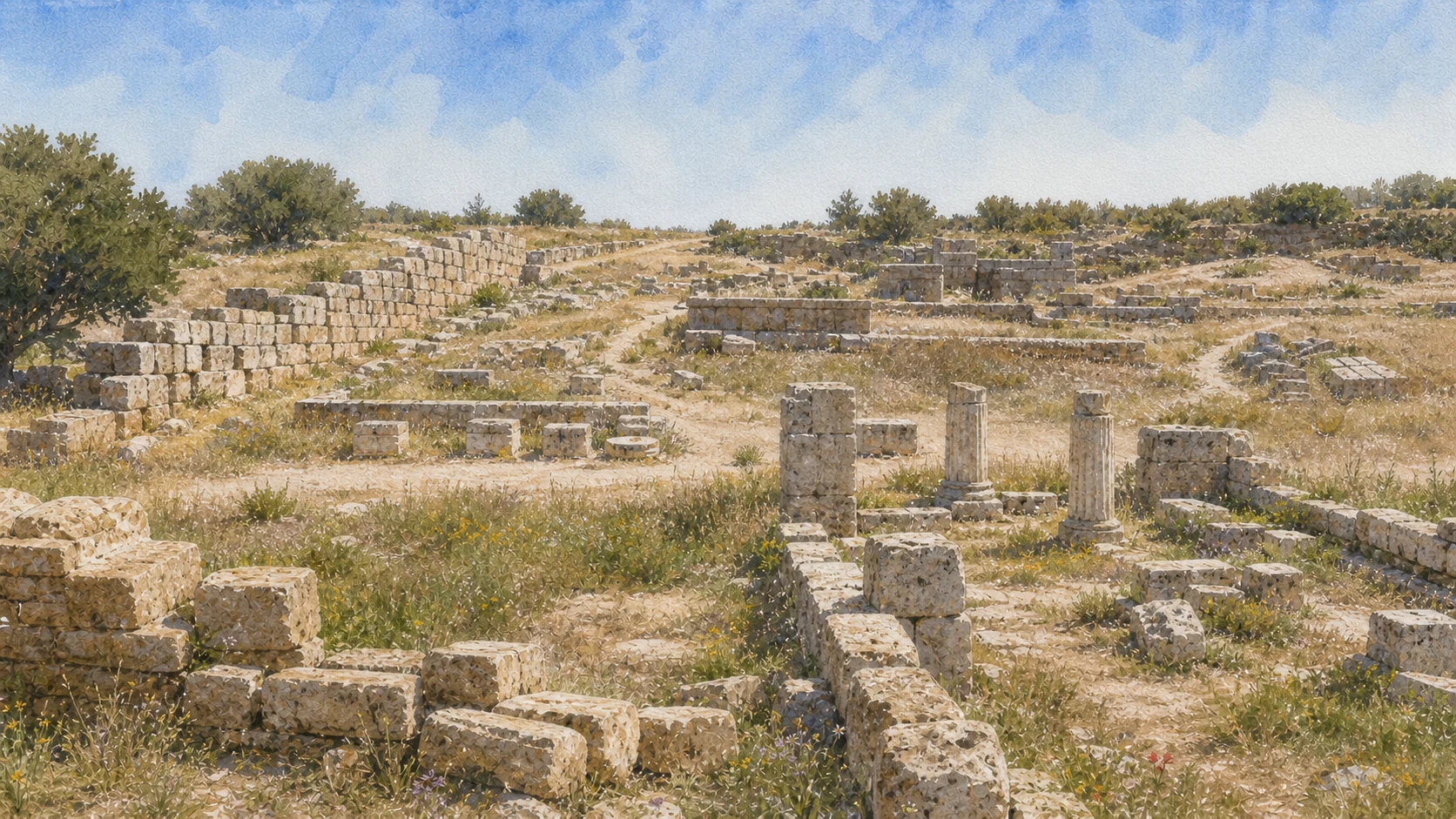 Documentary watercolour of Selinunte's Malophoros sanctuary with low ochre enclosures, altar blocks, dry paths and trees in the western Gaggera landscape