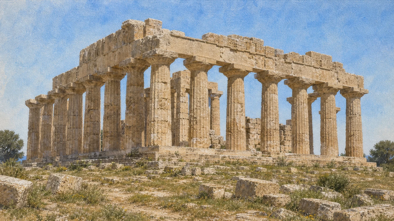 Documentary watercolour of Selinunte's Temple E seen obliquely, showing its re-erected ochre Doric colonnade, surviving gaps and the flat Eastern Hill landscape