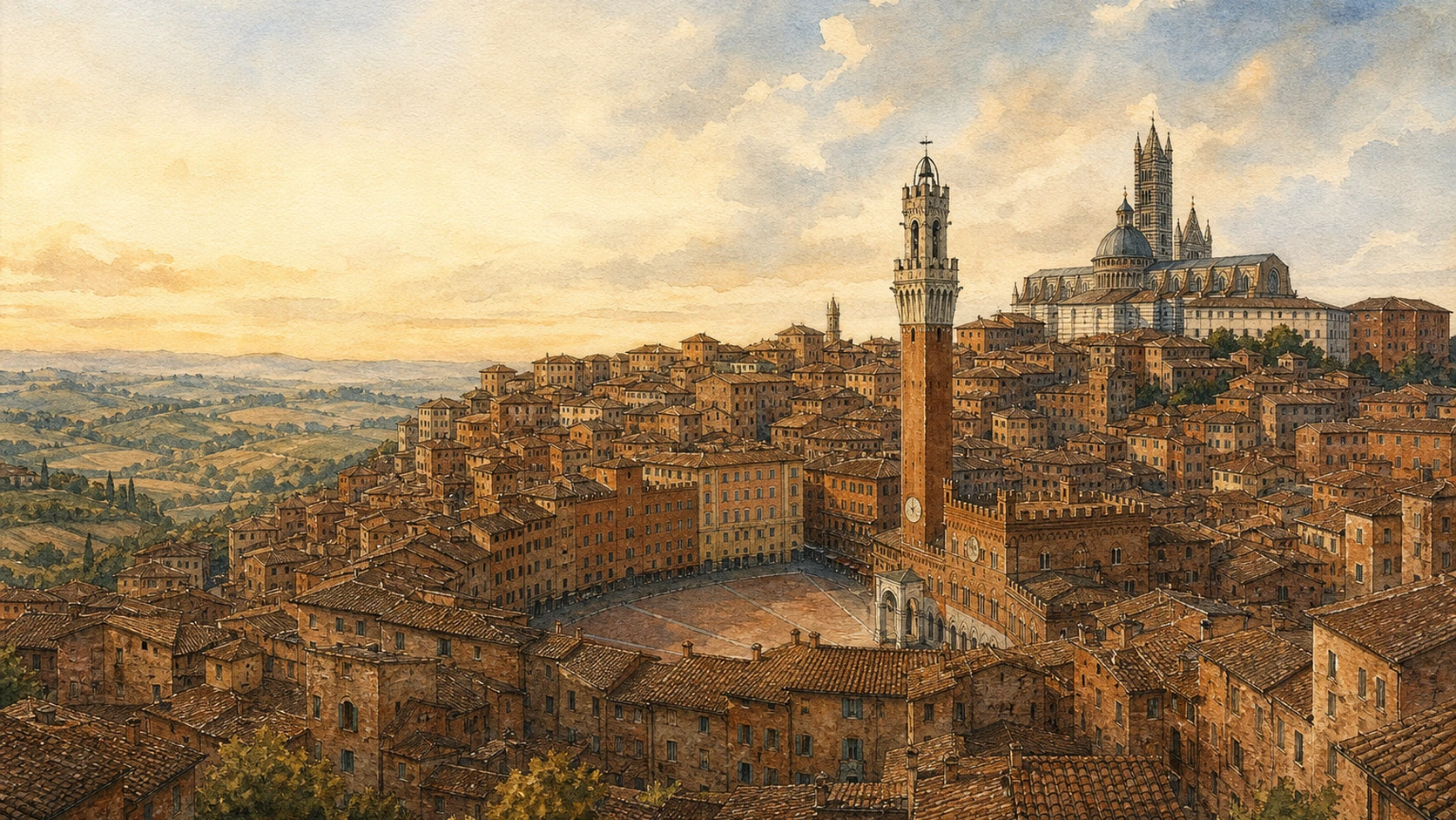 Original documentary watercolour panorama of Siena, Piazza del Campo, Torre del Mangia and Cathedral ridge