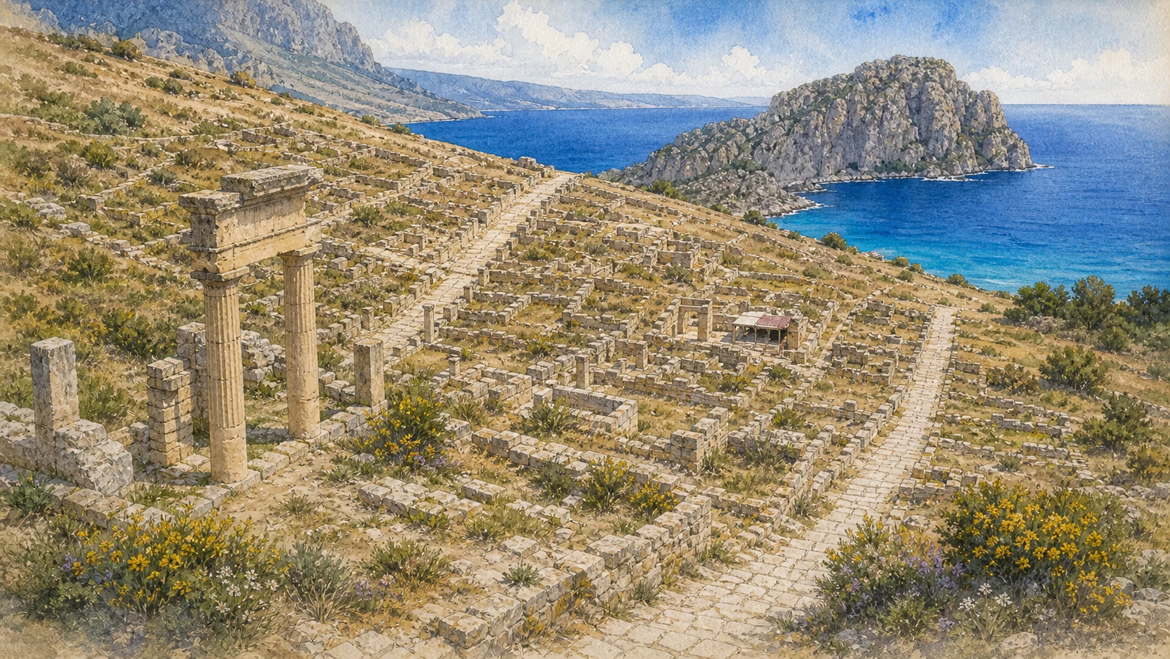 Documentary watercolour of Solunto's terraced street grid and partial Gymnasium house columns above the Tyrrhenian Sea