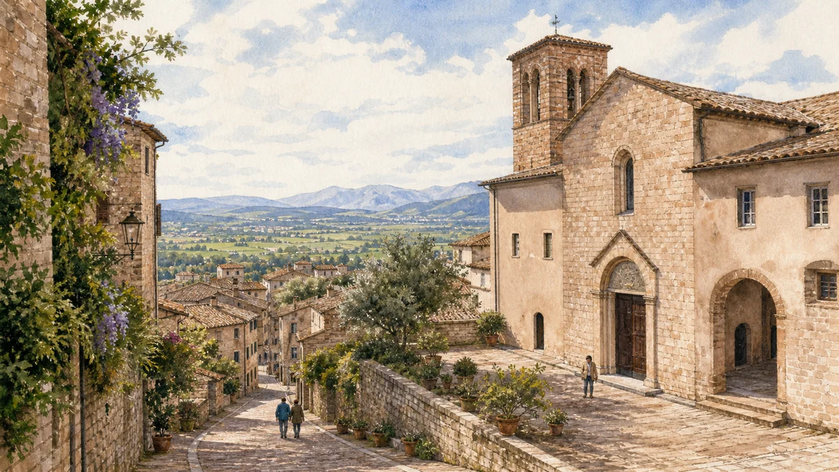 Original documentary watercolour of Santa Maria Maggiore and its urban setting, the architectural home of the Baglioni Chapel