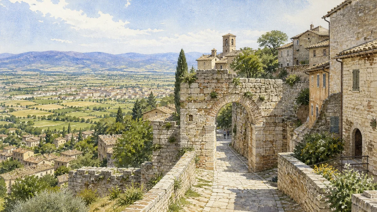 Original documentary watercolour of Spello's upper walls and Roman remains above the Umbrian plain