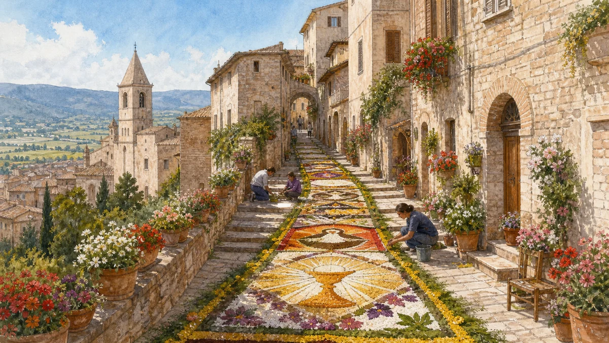 Original documentary watercolour of residents preparing the Infiorate along a flowered stone lane in Spello