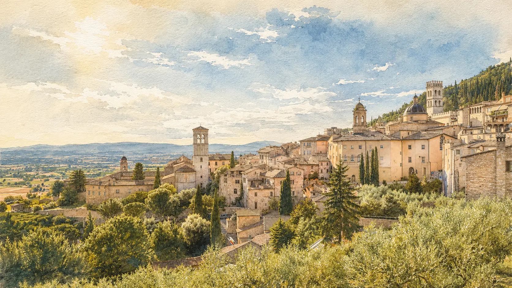 Documentary watercolour panorama of Spello on the slopes of Mount Subasio with stone houses and gates