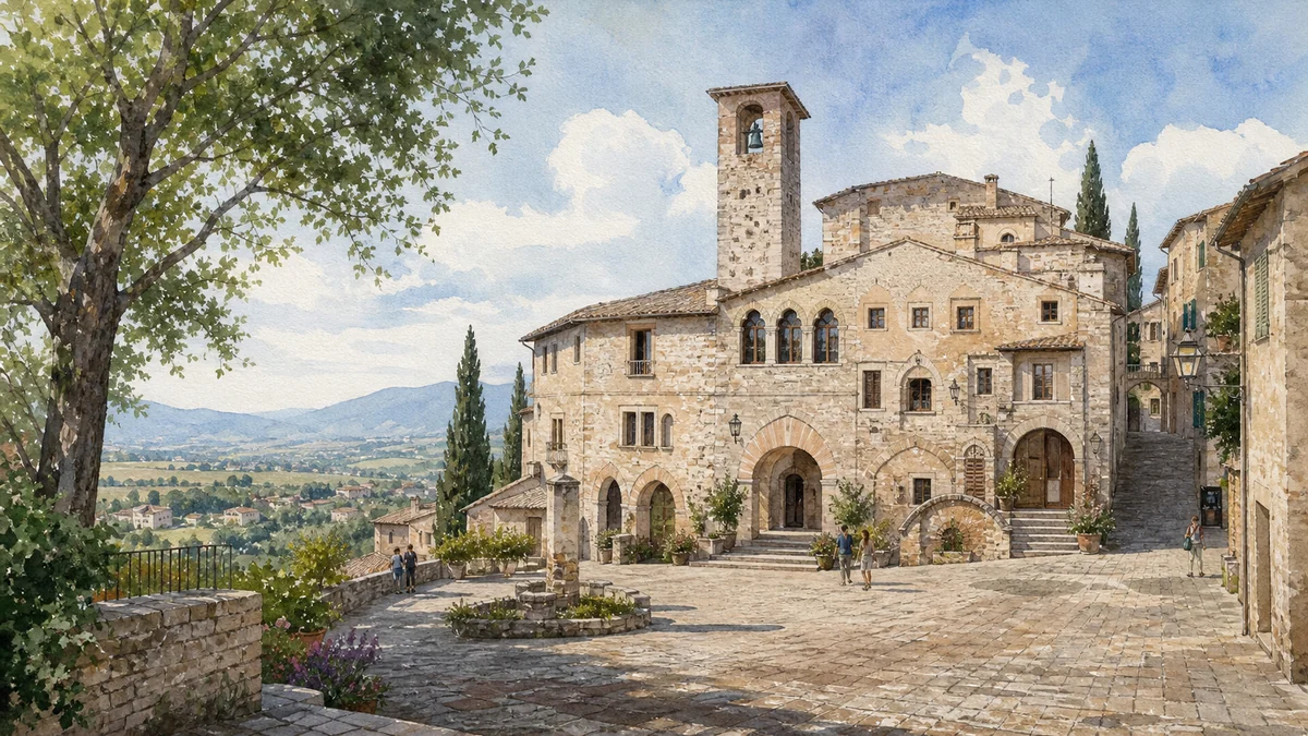 Original documentary watercolour of Piazza della Repubblica and Spello Town Hall opening toward the Umbrian valley