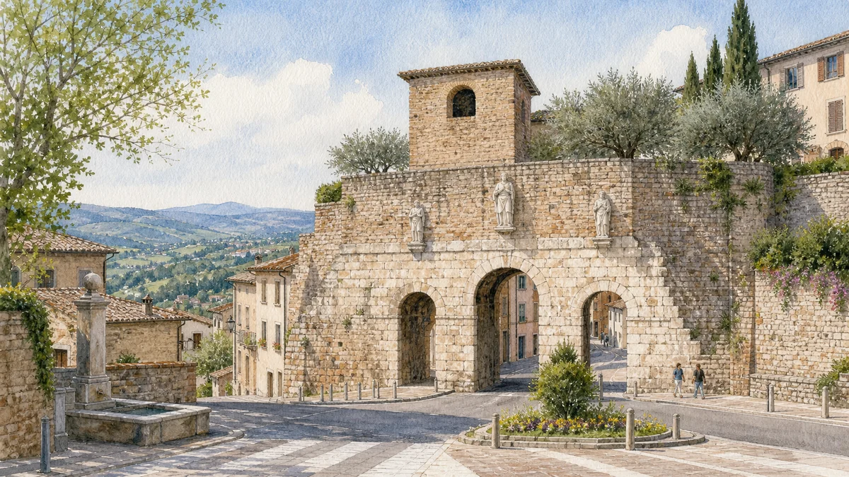 Original documentary watercolour of Porta Consolare within the streets and valley landscape of Spello