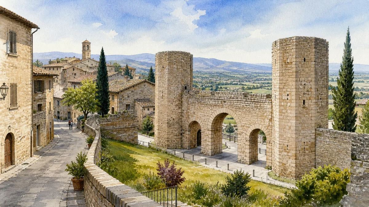 Original documentary watercolour of Porta Venere and the Towers of Propertius with Spello and the valley beyond