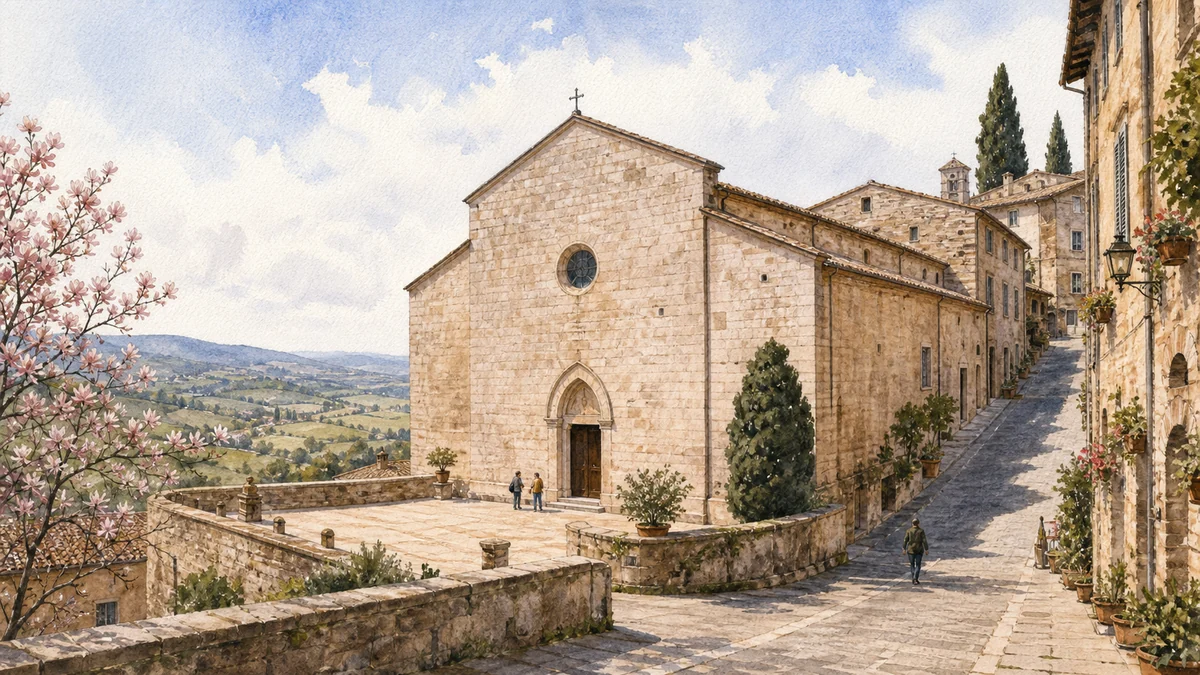 Original documentary watercolour of the Church of Sant'Andrea within a flowered climbing street in Spello