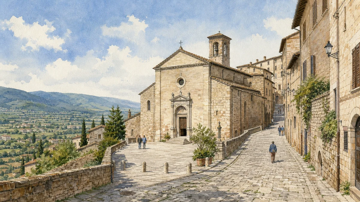 Original documentary watercolour of Santa Maria Maggiore embedded in Spello's climbing stone streets