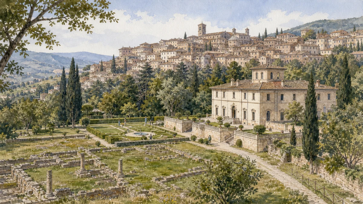 Original documentary watercolour of Villa Fidelia, its formal garden and the ancient sanctuary area below Spello