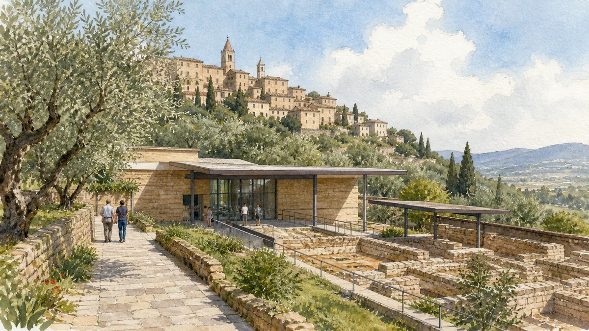 Original documentary watercolour of the Villa of the Mosaics museum pavilion and archaeological landscape below Spello