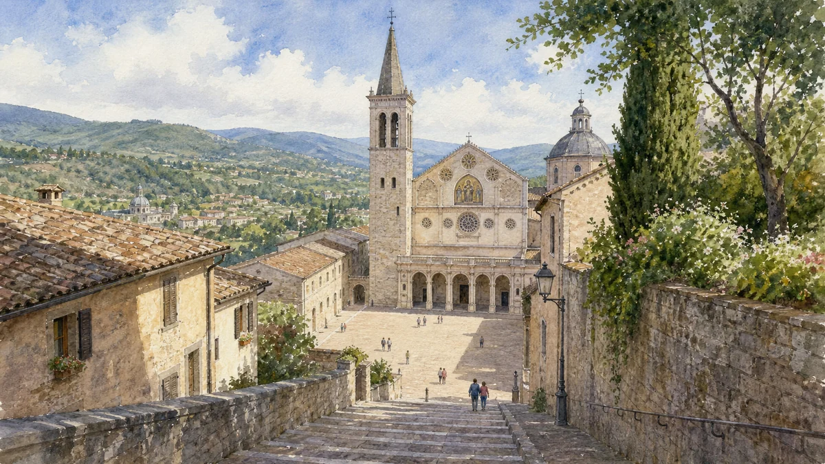 Original documentary watercolour showing Cathedral of Santa Maria Assunta and Piazza del Duomo in its Spoleto urban or landscape context