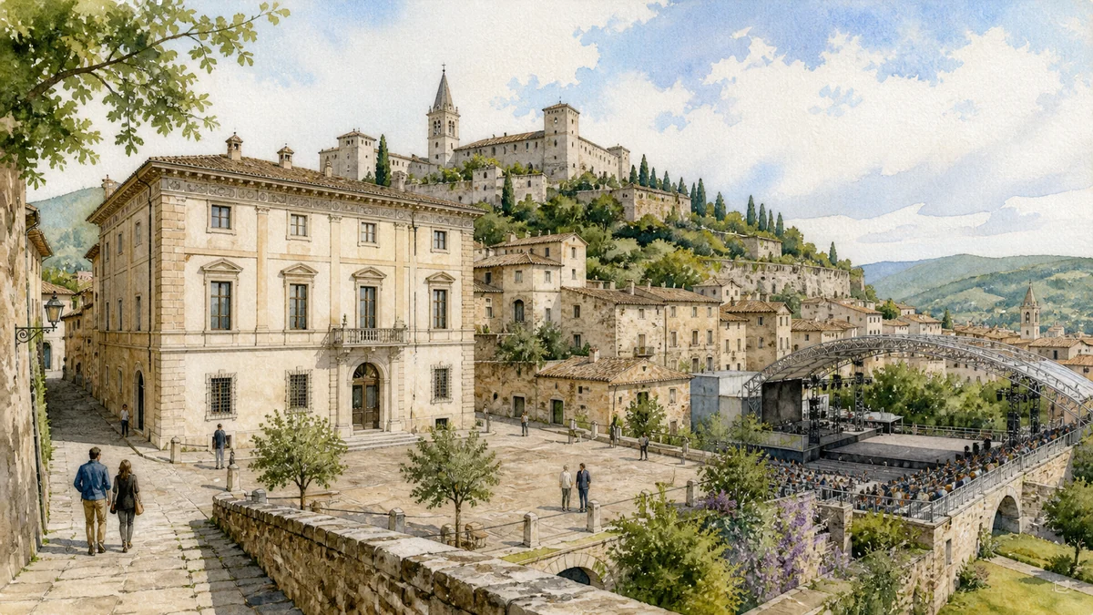 Original documentary watercolour showing Palazzo Collicola and the Festival city in its Spoleto urban or landscape context