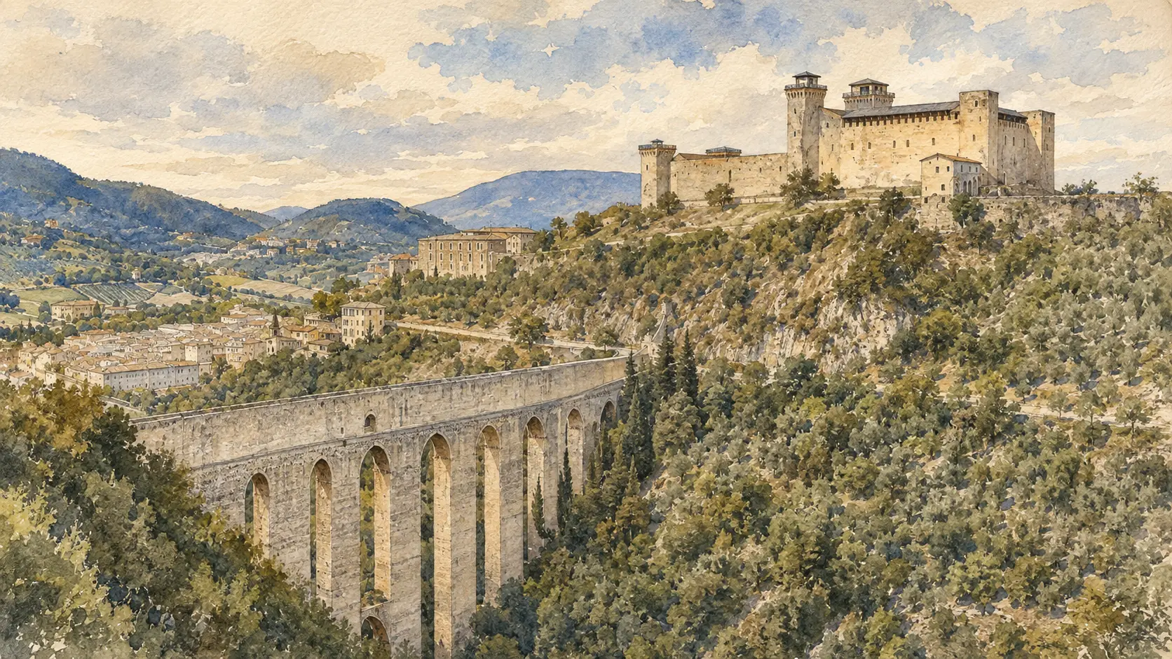 Documentary watercolour panorama of Spoleto with the Rocca Albornoziana and Ponte delle Torri