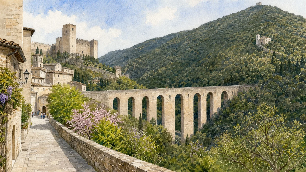 Original documentary watercolour showing Ponte delle Torri and the Sacred Wood in its Spoleto urban or landscape context