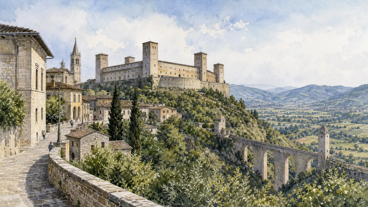 Original documentary watercolour showing Rocca Albornoziana and National Museum of the Duchy in its Spoleto urban or landscape context