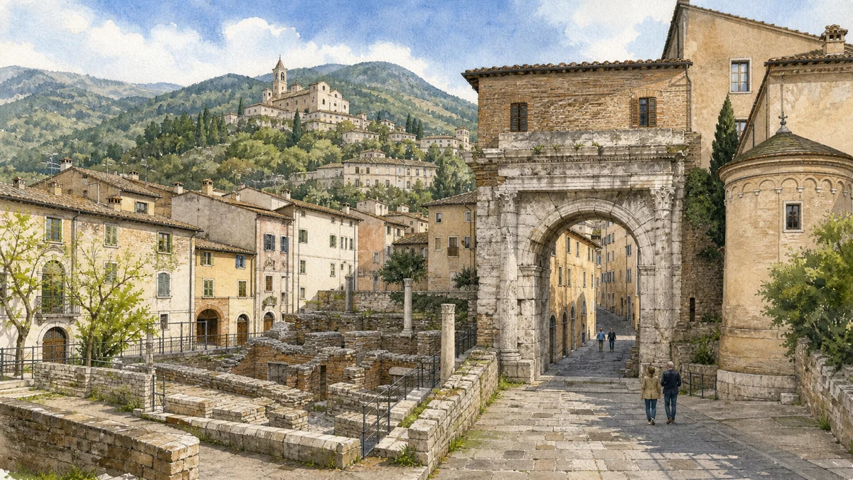 Original documentary watercolour showing Roman House and Arch of Drusus in its Spoleto urban or landscape context
